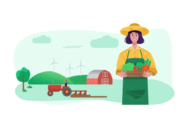 Concept Agricole Une Jeune Femme Tenant Une Caisse Remplie Légumes — Image vectorielle