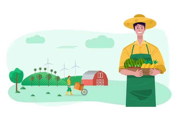 農業の概念 畑にトラクターで植えた新鮮な野菜を詰め込んだ箱を持った青年 ベクトル — ストックベクタ
