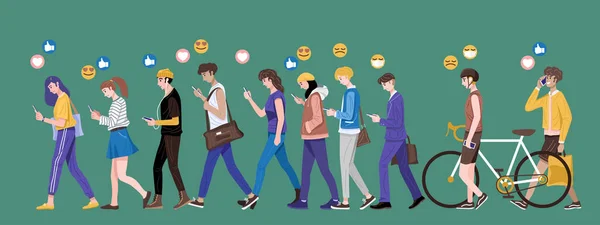 Flat Design Group Young People Using Smartphones Sending Receiving Emojis — Stock Vector