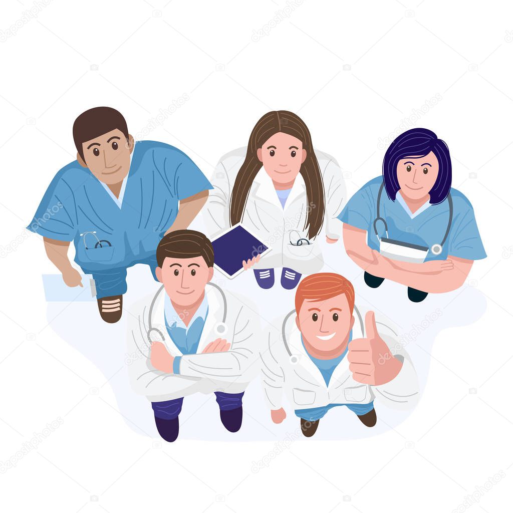 Top view of happy doctors and nurses standing looking up at camera. Vector