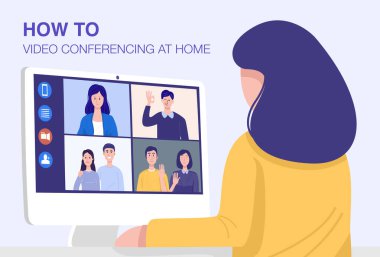 Evde video konferansı, yakın plan kadın müşterileriyle video görüşmesi yapıyor. Vektör
