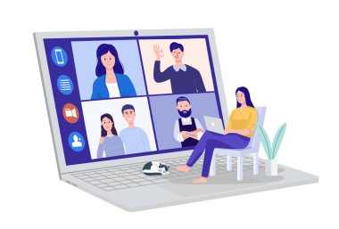 Evde video konferansı, evde müşterilerle video görüşmesi yapan bir kadın. Vektör