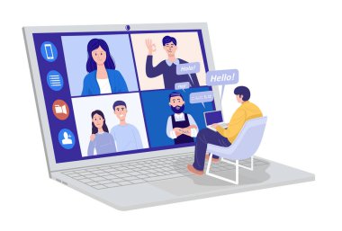 Evde video konferansı, evde müşterilerle görüntülü görüşme. Birçok farklı yazılı dilde mesajlar karşılanıyor.