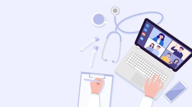 Doktorun ellerinin video konferansında dizüstü bilgisayarı kullanışının üst görüntüsü. Vektör