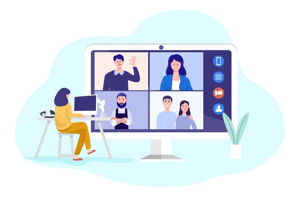 Evde video konferansı, evde müşterilerle video görüşmesi yapan bir kadın. Vektör