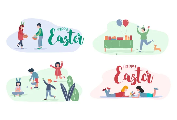 Design Piatto Buona Pasqua Bambini Godono Una Caccia Alle Uova — Vettoriale Stock