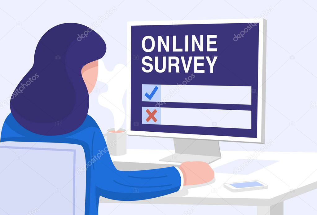 Flat design, Young woman filling online survey form on computer, Vector