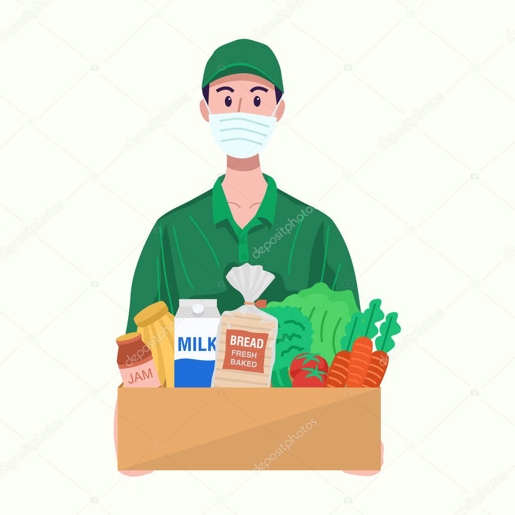 Online grocery concept. Delivery man with protective mask delivering food. Vector