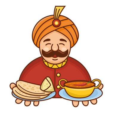 Hint karikatür şefi köri, roti ve samosa servis ediyor.