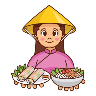 Cute cartoon Vietnamese girl in traditional cloth serving fresh spring rolls and noodle soup, Vector clipart