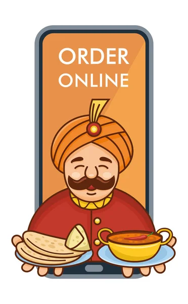 可爱的漫画印度厨师服务咖哩 罗提和萨莫萨出自手机 病媒图解 — 图库矢量图片