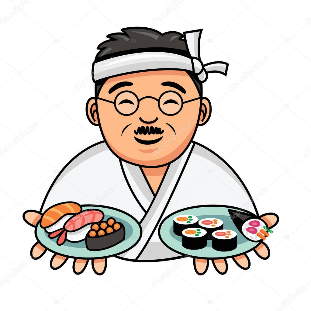 Cute cartoon Japanese chef serving plate of sushi