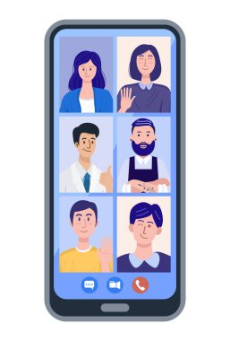 Video konferansındaki insanların akıllı telefondaki görüntüleri. Vektör