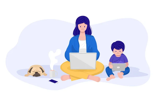 Praca Domu Mama Pracująca Nad Laptopem Podczas Gdy Jej Syn — Wektor stockowy