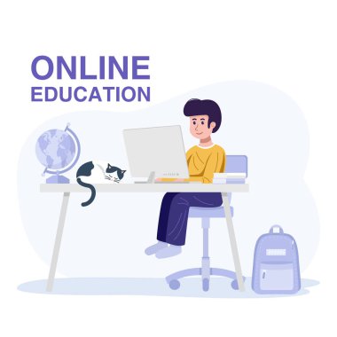 Online Eğitim Konsepti. Evde bilgisayarla öğrenen bir çocuk. Vektör
