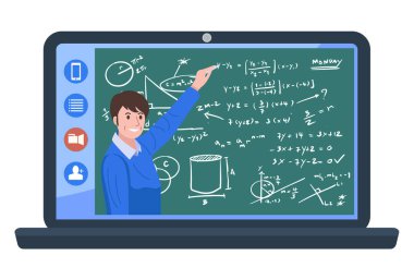 Evde eğitim, evde öğretmenle resimli video konferansı. Vektör