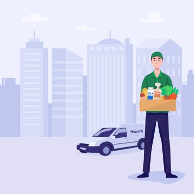 Yiyecek teslimatı, erzak kutusu tutan bir adam. Vektör