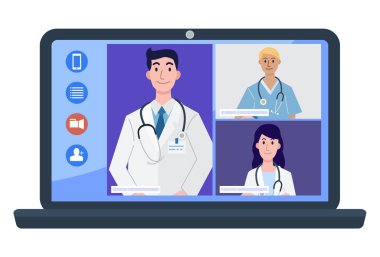 Bilgisayardaki video konferansında doktorların ve hemşirelerin canlandırması. Vektör