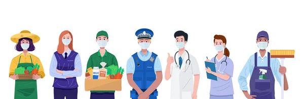 Trabajadores Esenciales Varias Ocupaciones Personas Que Usan Máscaras Faciales Vector — Vector de stock