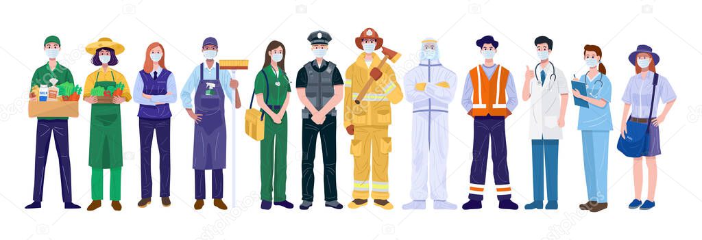 Thank You Essential Workers Concept. Various occupations people wearing face masks. Vector