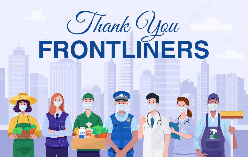 Thank You Frontliners Concept. Various occupations people wearing face masks. Vector