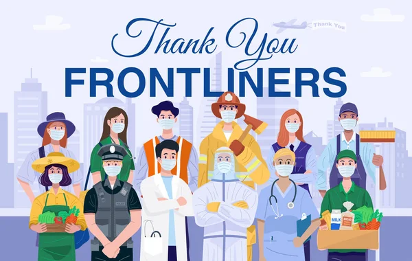 Thank You Frontliners Concept Various Occupations People Wearing Protective Masks — Stock Vector