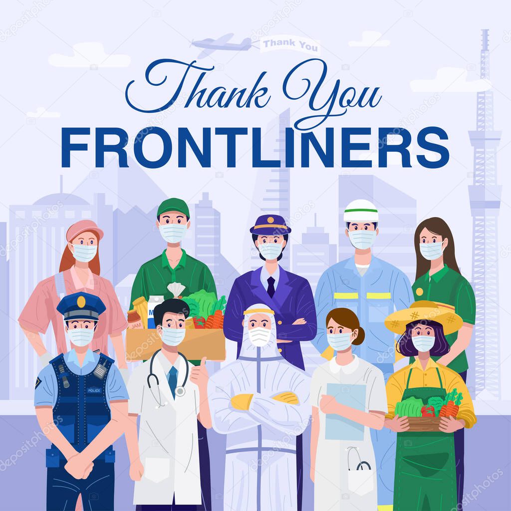 Thank You Essential Workers Concept. Various occupations people wearing face masks. Vector