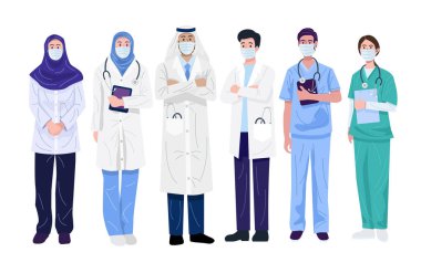 Orta Doğulu doktorların ve maskeli hemşirelerin bir tasviri. Vektör