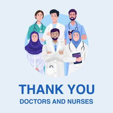 Cephe gerisine teşekkürler, Müslüman doktor ve hemşirelerin afişi. Vektör