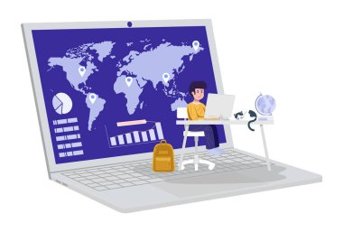 Çevrimiçi eğitim, evde öğretmenle video konferansı yapan bir öğrenci. Vektör