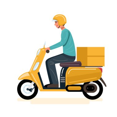 Yemek teslimatı için scooter kullanan bir teslimatçı. Vektör