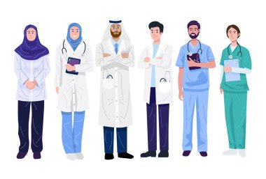 Orta Doğulu doktor ve hemşirelerin çizimi. Vektör