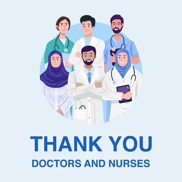 フロントライナー イスラム教徒の医師や看護師のバナーのイラストありがとうございます ベクトル — ストックベクタ