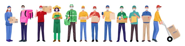 Flat Design Concept Set Delivery Man Wearing Face Masks Various — Stock Vector