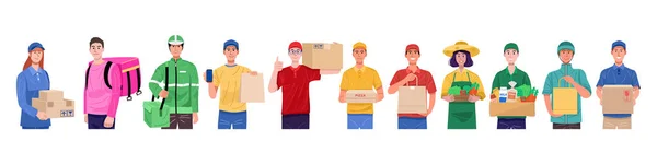 Flat Design Concept Set Delivery Man Various Characters Vector — Stock Vector