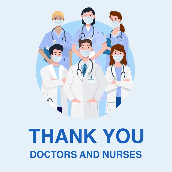 Ön saflardaki kahramanlar, maske takan doktor ve hemşire karakterlerinin tasviri. Vektör