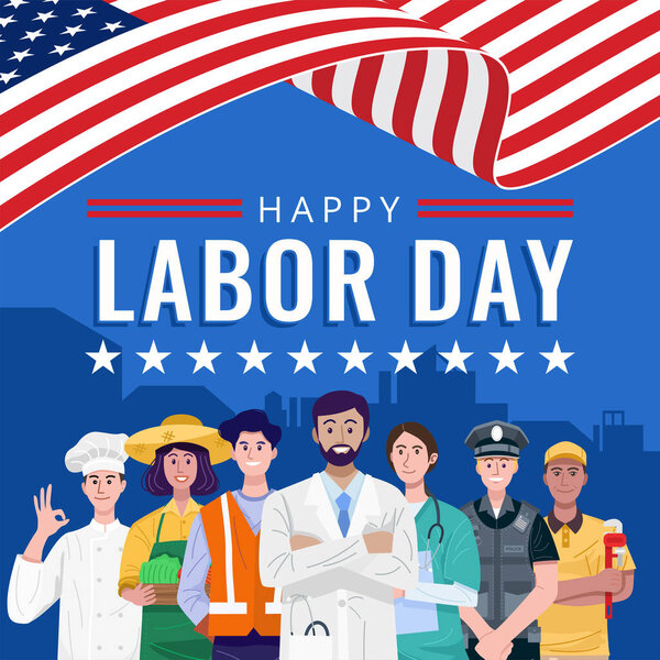 Happy Labor Day. Various occupations people standing with American flag. Vector