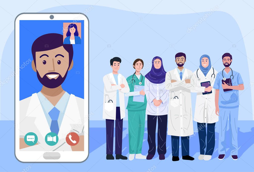 Digital health concept, Illustration of doctors and nurse using a smart phone for consulting patient online, Vector