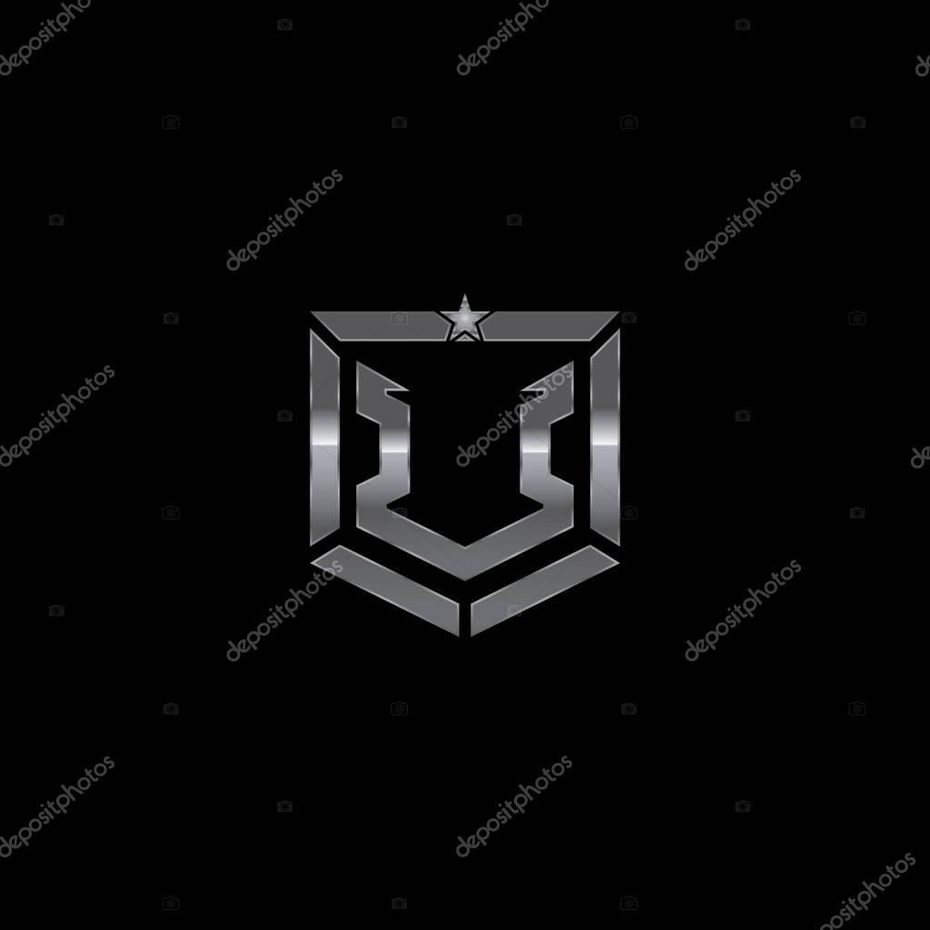 Metallic military shield badge with a combination of letter V