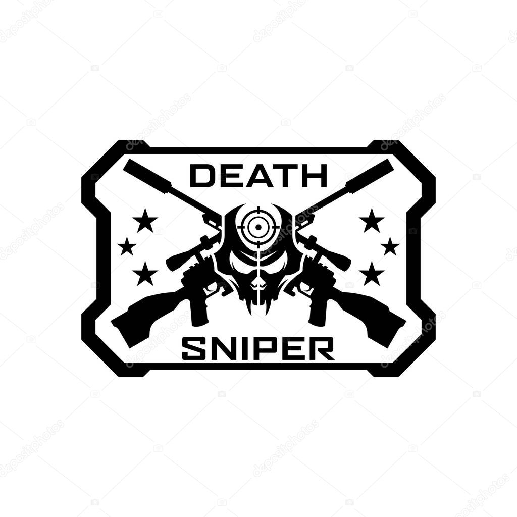 Square Badge Tactical skull Sniper Defense logo design template for military, armory, tactical, gear, shop, weapon, army, and other