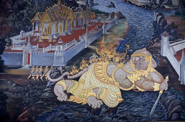Nástěnná malba z Rámajány ve Wat Pra Kaew, Bangkok, Thajsko — Stock fotografie
