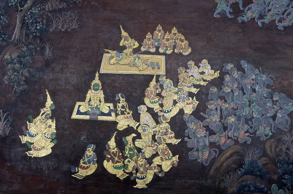 Nástěnná malba z Rámajány ve Wat Pra Kaew, Bangkok, Thajsko — Stock fotografie
