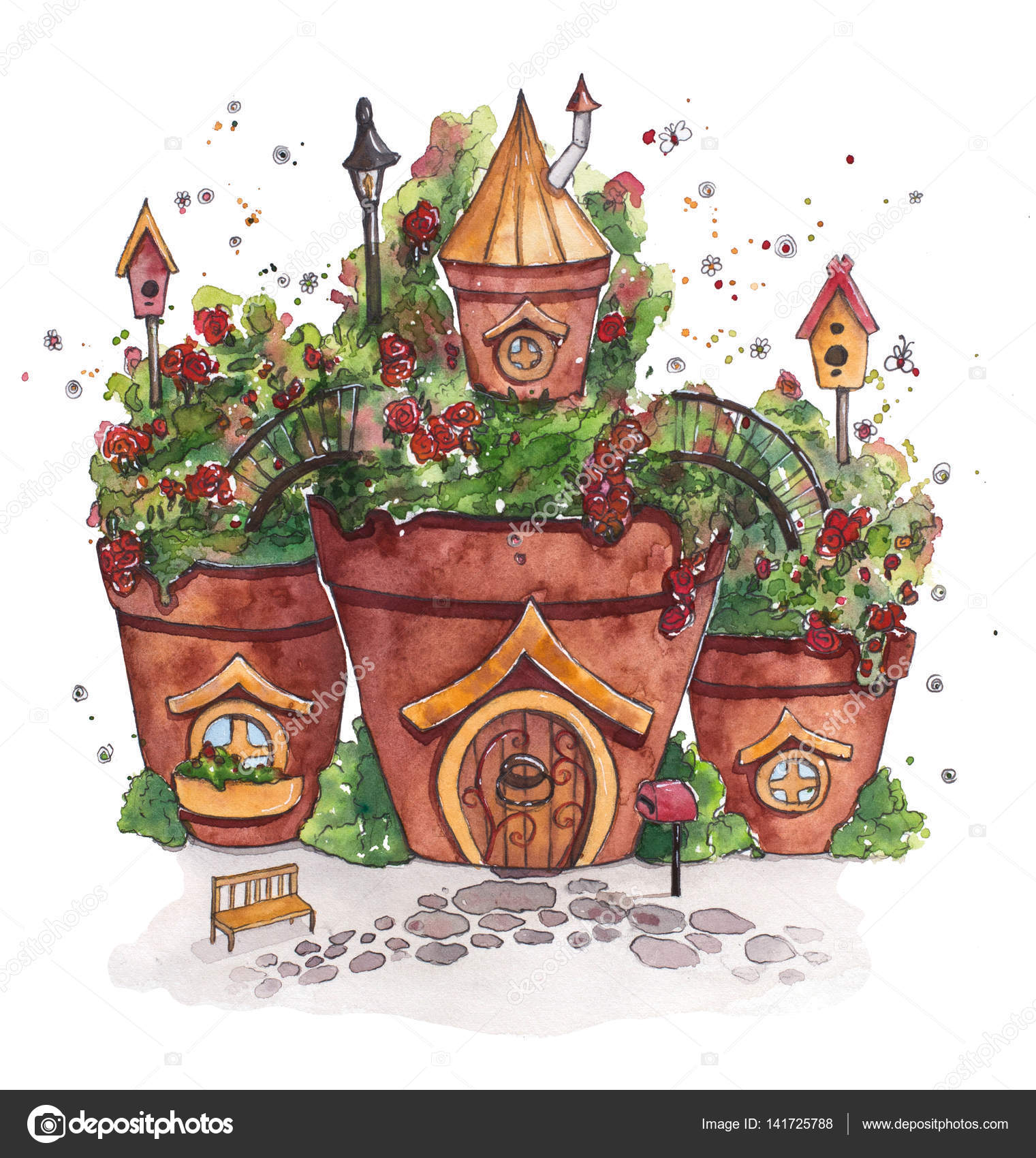 Fairies Houses with flowers. Watercolor illustration. — Stock Photo Fairies Houses with flowers. Watercolor illustration. — Stock Photo