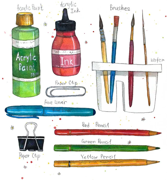 Watercolor art supplies brushes, paper clip, pencils, acrylic ink and paint, brush washer.