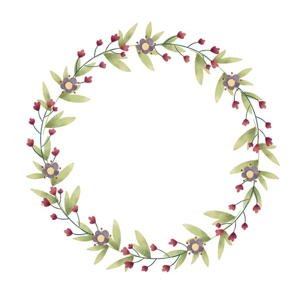 Summer, spring, easter, birthday or wedding circle wreath with flowers, leaves and branches. Hand drawn illustration.