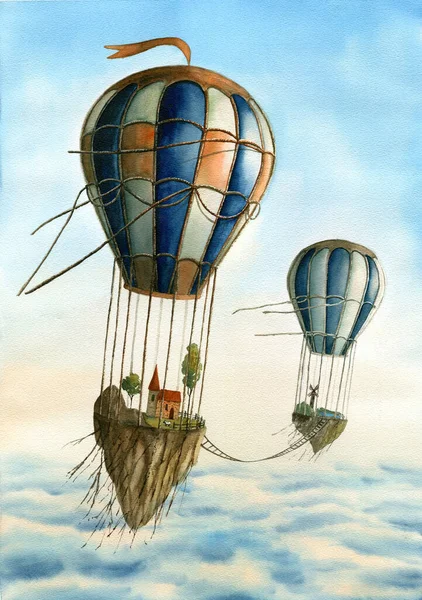 Air balloon with flying islands and houses.