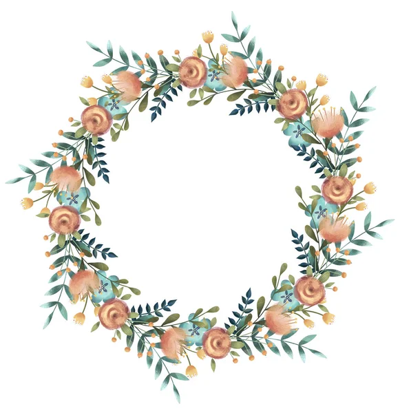 Summer, spring, easter, birthday or wedding circle wreath with flowers, leaves and branches.