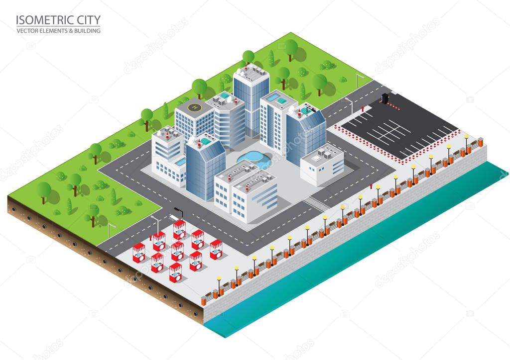 Isometric city plant elements in 3D dimensional projection includes buildings, streets, roads, park and trees. Urban infrastructure of city metropolis.