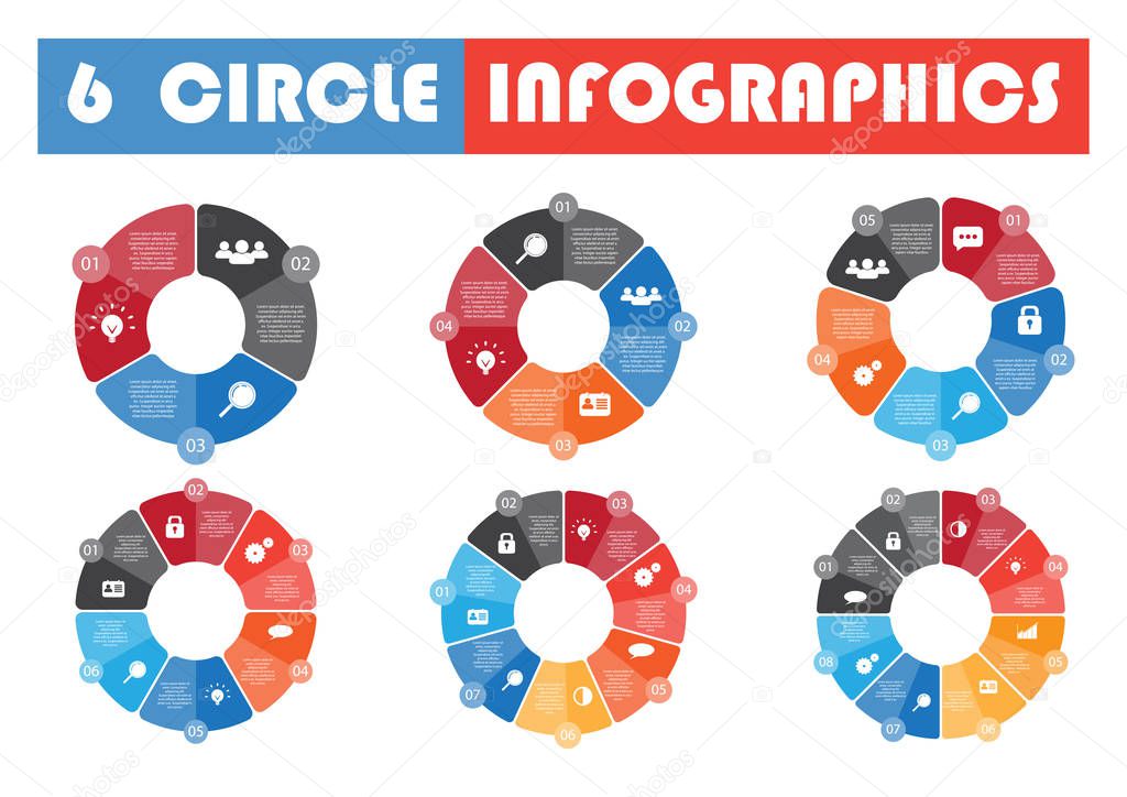 Vector circle arrows for infographic. Template for cycling diagram, graph, presentation and round chart. Business concept with 3, 4, 5, 6, 7, 8 options, parts, steps or processes. Abstract background.