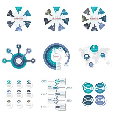 Vektör soyut eleman infographics paket seçeneği. Tasarım iş, finans düzeni, web sitesi, iş akışı, zaman çizelgesi, bilgi, sunum ve diğer. Soyut infographics 3d vektör paketi.